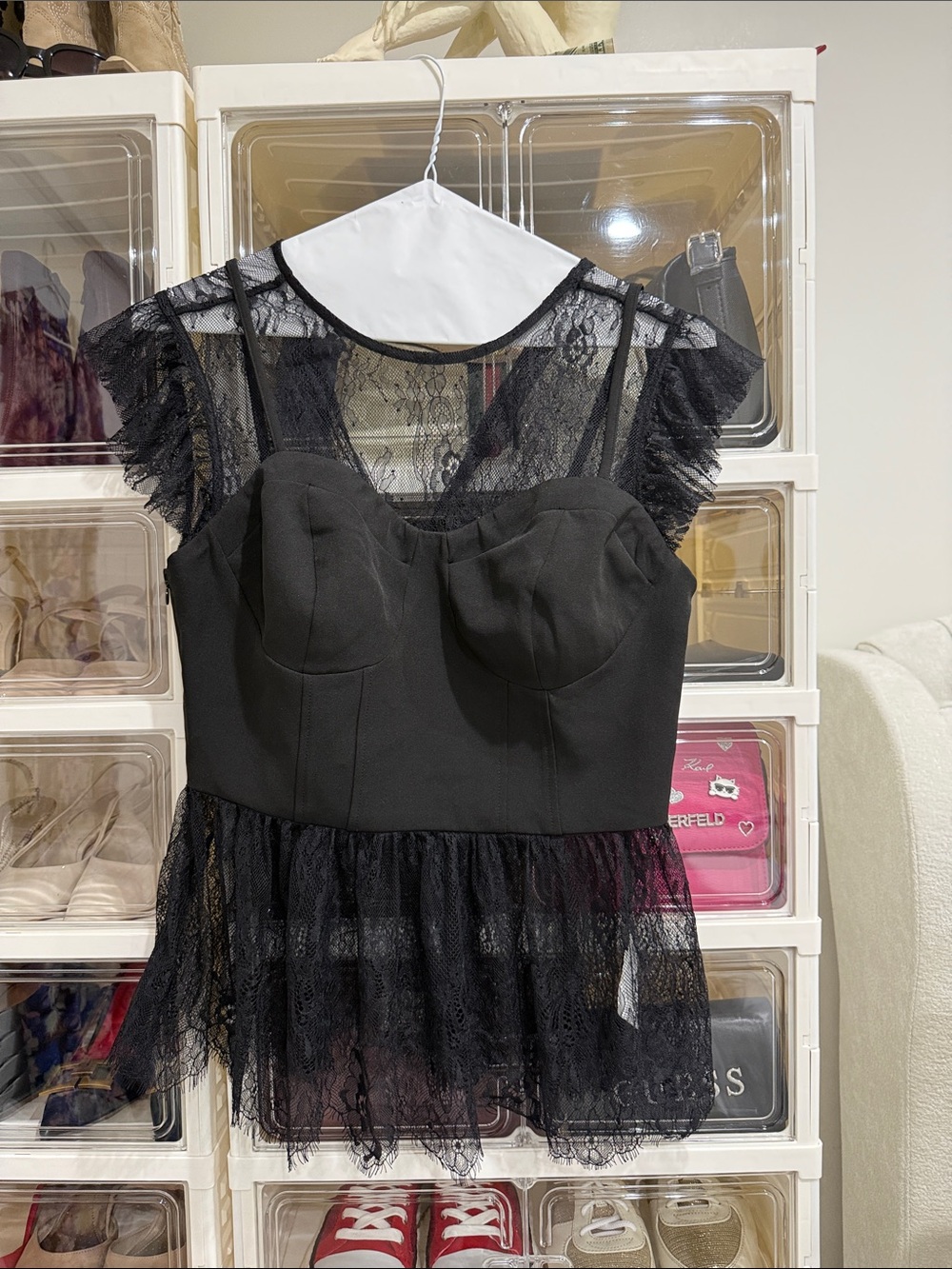 Black Lace Bustier Top with Sheer Peplum